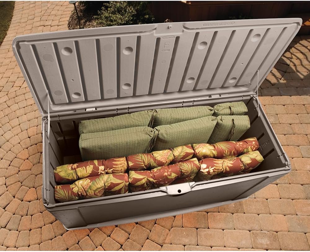 Rubbermaid Extra Large Resin Outdoor Storage Deck Box with Seat (120 Gal), Weather Resistant, Brown, Deck Organization for Home/Backyard/Pool Chemicals/Toys/Garden Tools/Porch/Patio Cushions