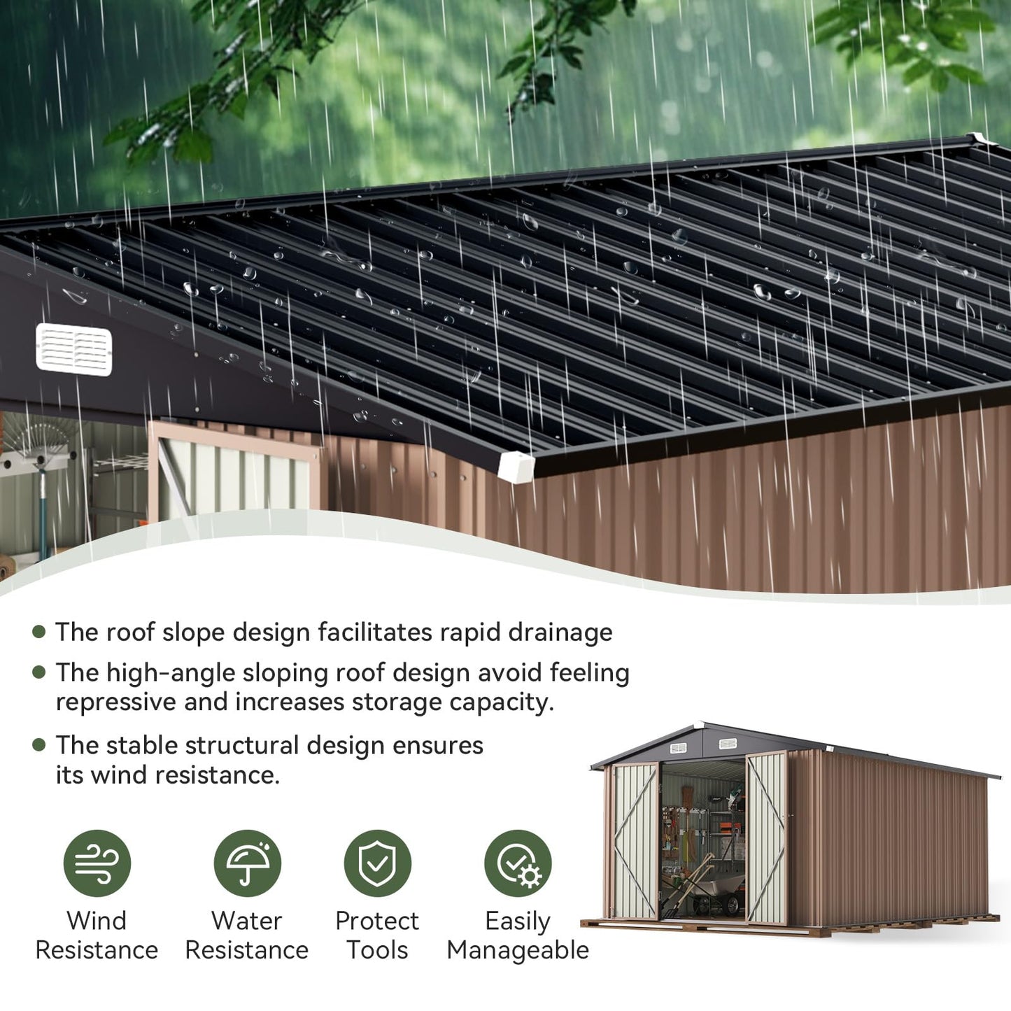 Aoxun 12x10 FT Shed Metal Outdoor Waterproof Storage Shed Steel Utility Garden Tool Shed with Door & Lock Outdoor Storage for Garden Patio Lawn Poolside, Brown