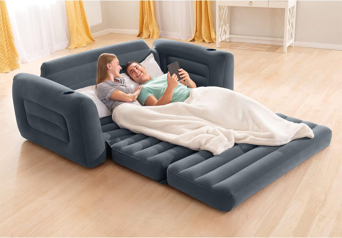 Intex Inflatable Furniture Set with Queen Sized Pull-Out Sofa Bed and 2 Sofa Sleepers, Gray - Air Mattress, Portable Couch, Lounge Chairs, Guest Beds