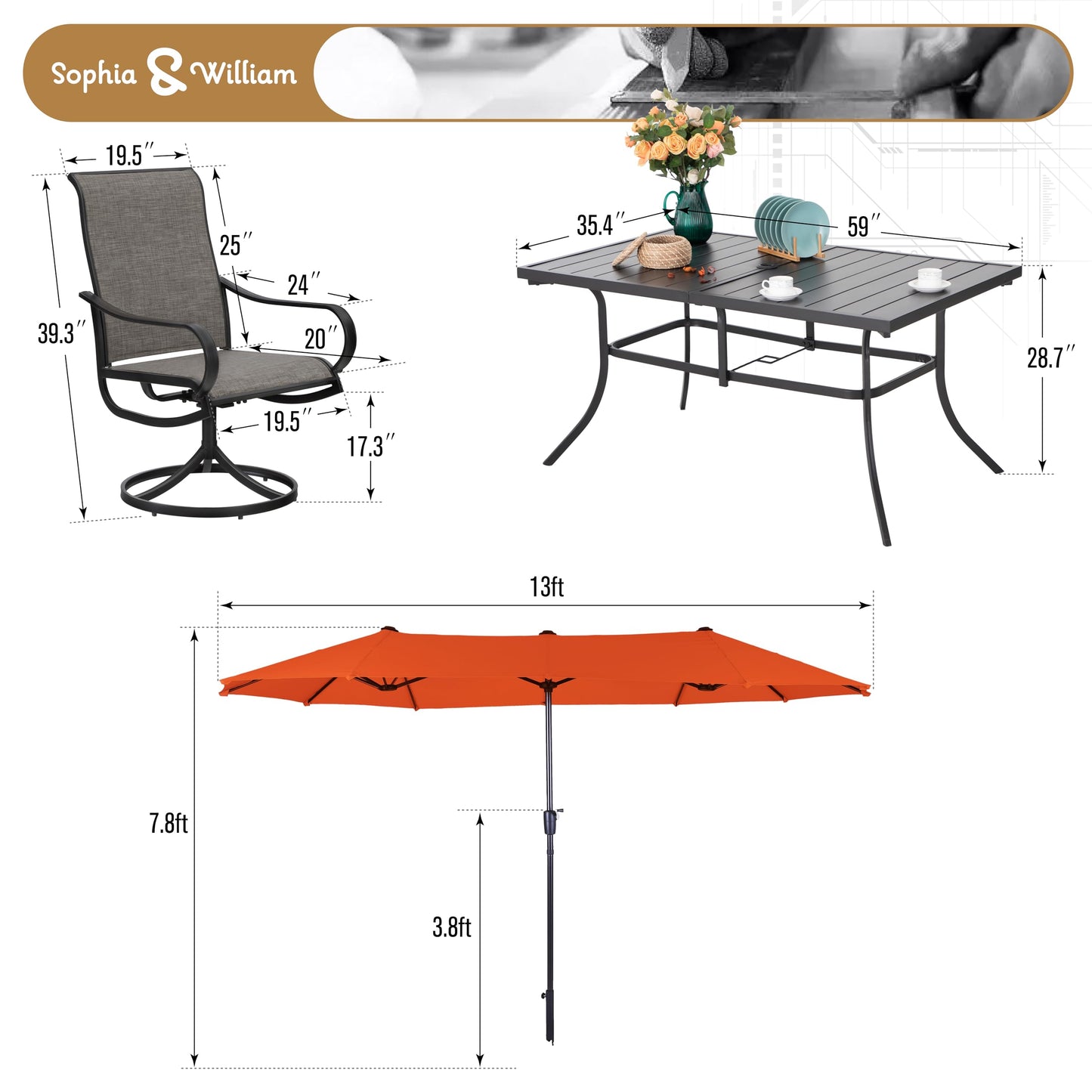 Sophia & William Patio Set with Umbrella 8 Pieces Outdoor Dining Set for 6 with 13ft Double-Sided Patio Umbrella Beige, 6 x Swivel Patio Chairs, 1 Metal Table for Lawn Garden