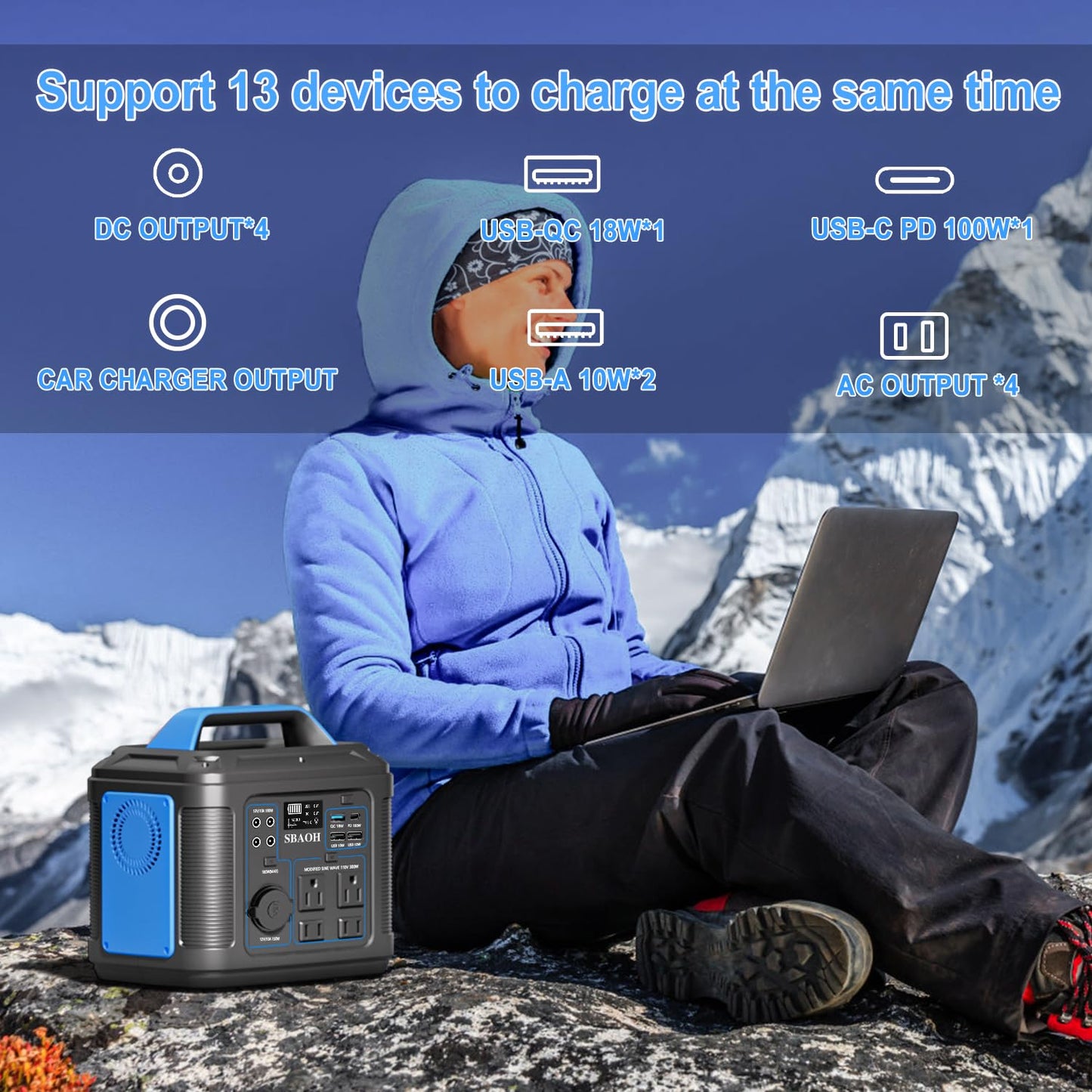 Portable Power Station, 300W 296Wh Solar Generator Quick Charge / 110V AC Outlets/DC Ports and LED Flashlight, Lithium Battery Backup for Home Outdoor Travel Camping Blackout blue