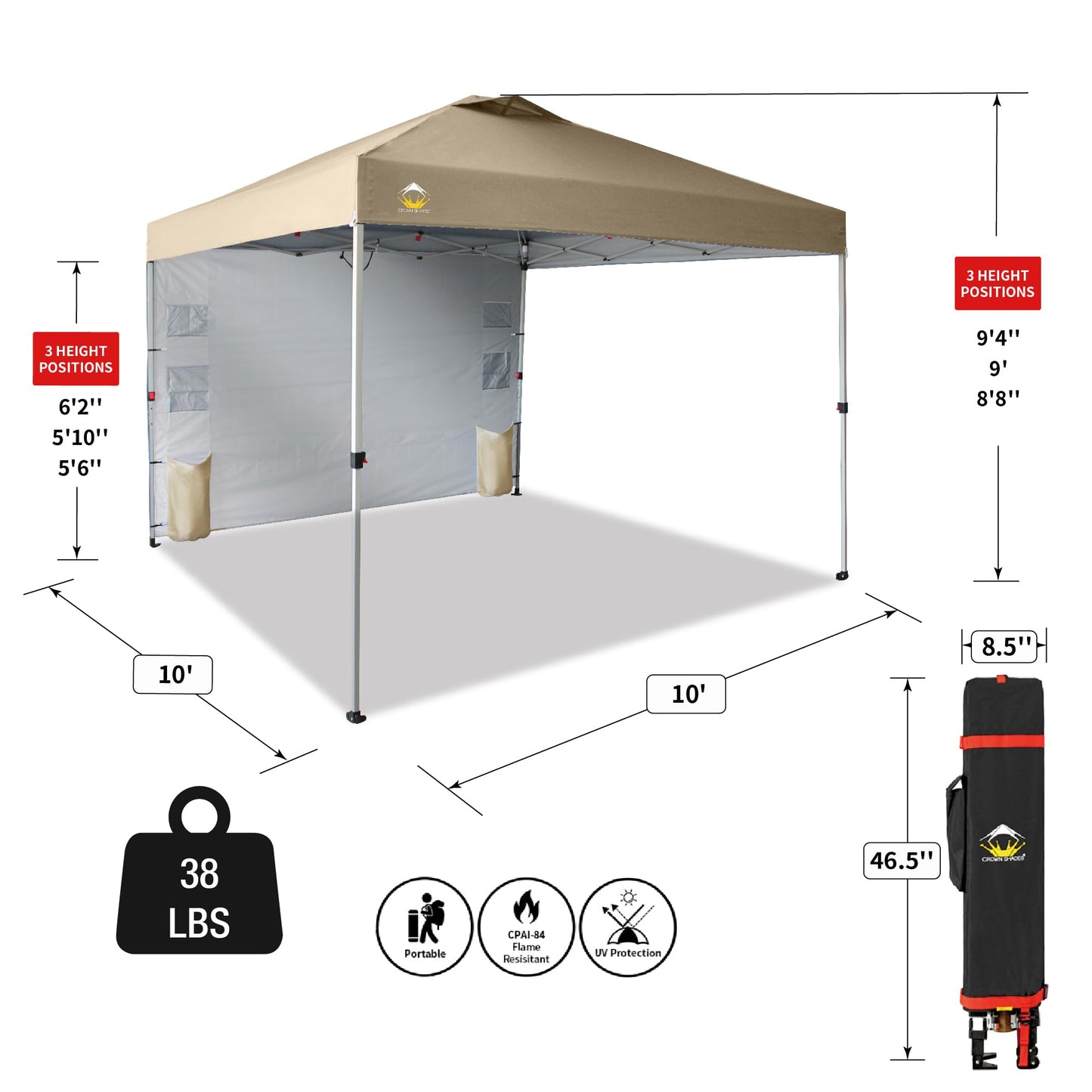 CROWN SHADES Canopy Tent 10x10 Pop Up Canopy Outdoor Shade with Pockets Sidewall, Easy Up Sun Shelter with One Person Set Up Center Lock, Portable Instant Camping Beach Canopy Tents, Forest Green