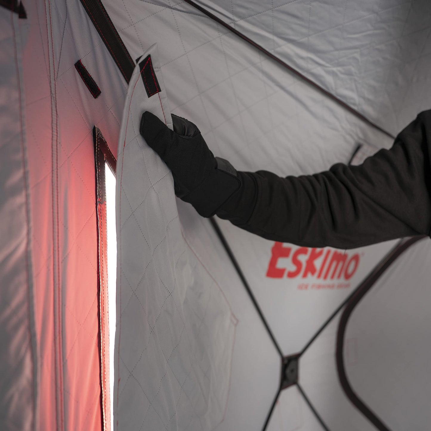 Eskimo Outbreak Portable Pop-Up Ice Fishing Shelter, Stormshield Insulated Fabric, No Trip Door, Durable Hub Design, Deluxe Tie Downs, Red/Black