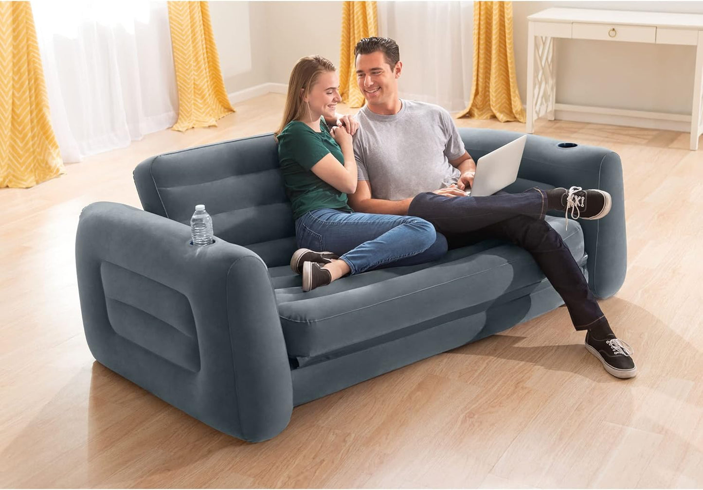 Intex Inflatable Furniture Set with Queen Sized Pull-Out Sofa Bed and 2 Sofa Sleepers, Gray - Air Mattress, Portable Couch, Lounge Chairs, Guest Beds