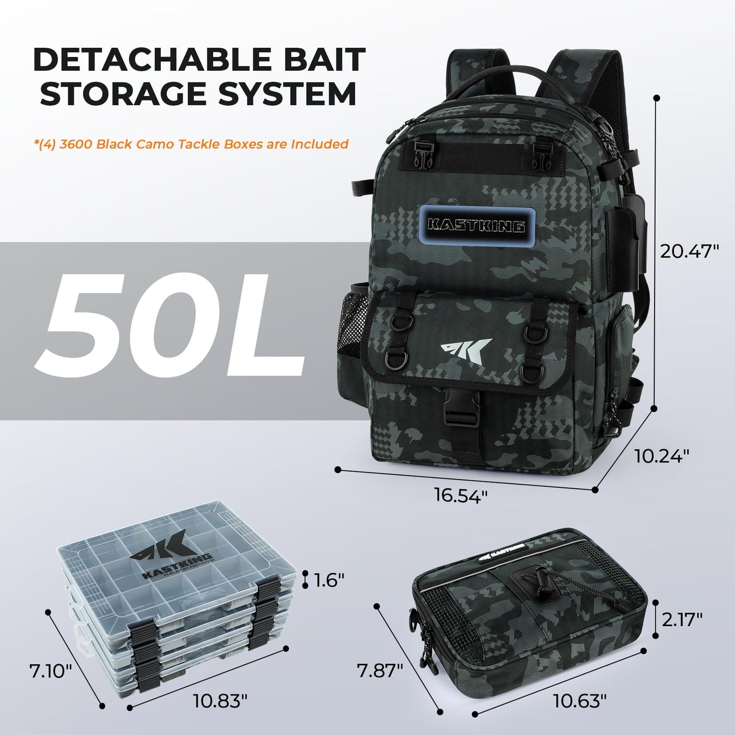 KastKing BaitSpace 50L Fishing Tackle Backpack with Removable Bait Binder & 4 Tackle Boxes, Rod Holders Storage Fishing Gear