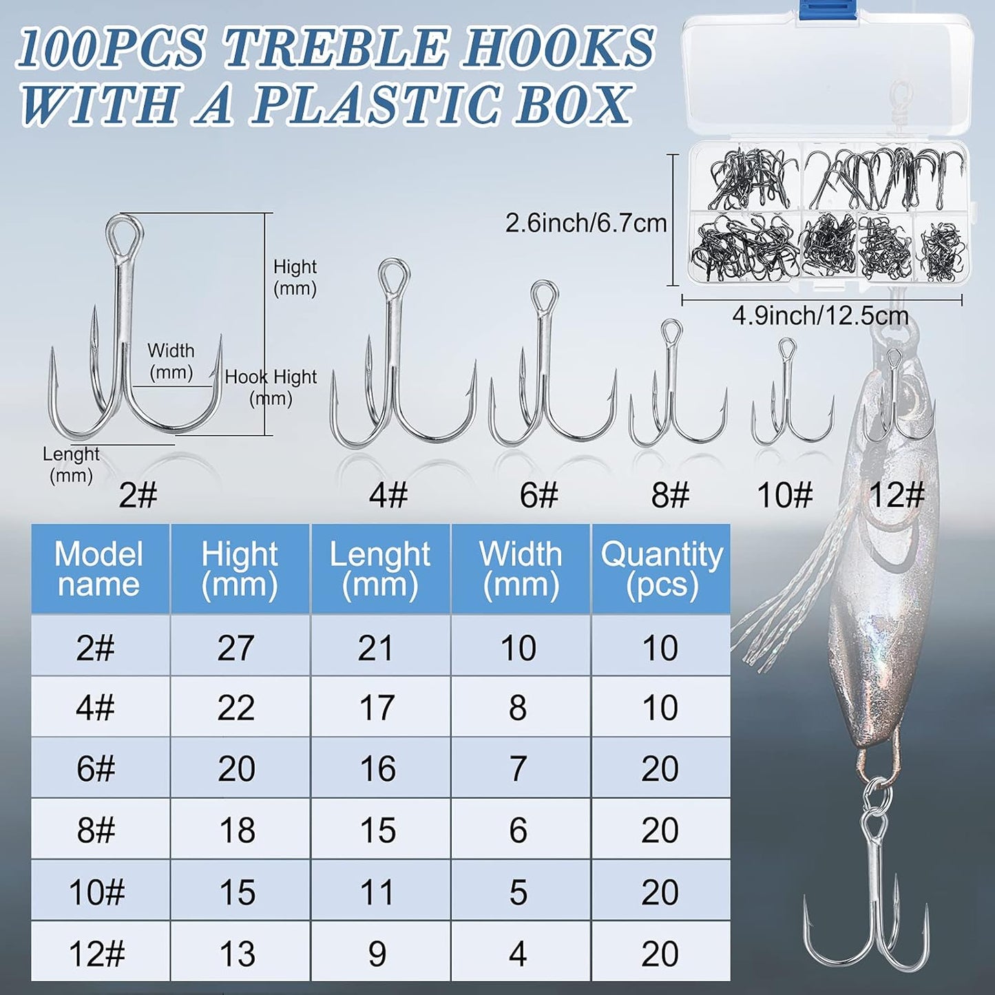 Skylety Fishing Tackle Tools 200 Pieces Split Fishing Rings with Plastic Box, 100 Pieces Treble Hooks Kit with Plastic Box, 1 Piece Lure Tackle Connector Fishing Plier and 1 Piece Fishing Lanyard
