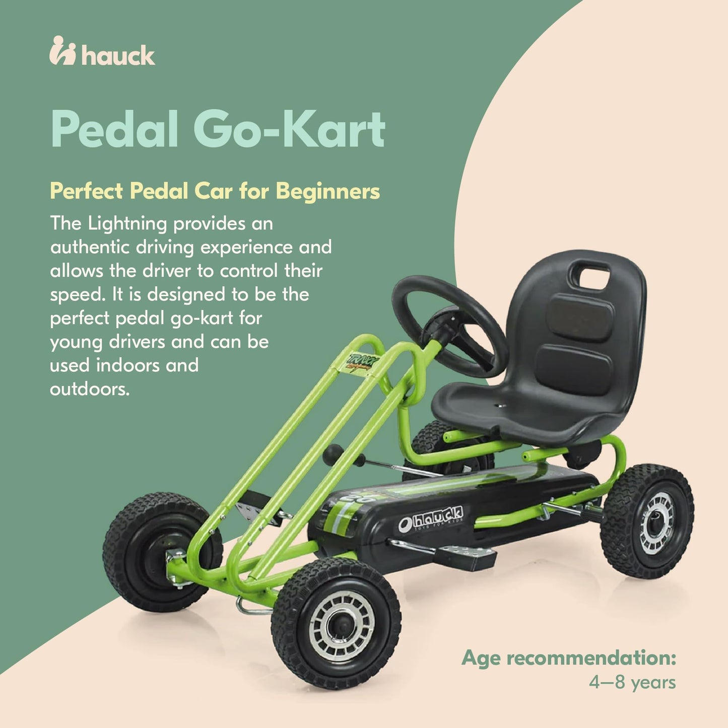 hauck Kids Pedal Go Kart, 4 Wheel Bike Cart, Ages 4-8, Lightning Ride, Race Green