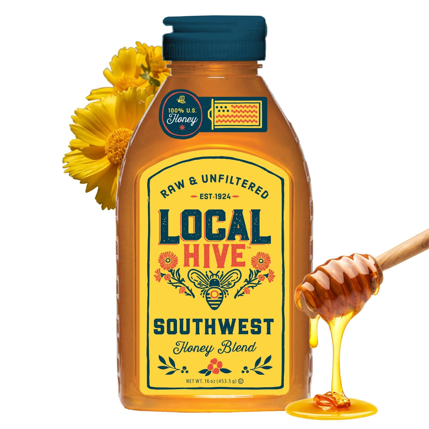 Local Hive Midwest Raw Unfiltered Honey – 16 oz, 100% Pure US Honey, Sourced from American Bees and Beekeepers - Natural Sweetener, Ideal for Tea, Baking, and Cooking