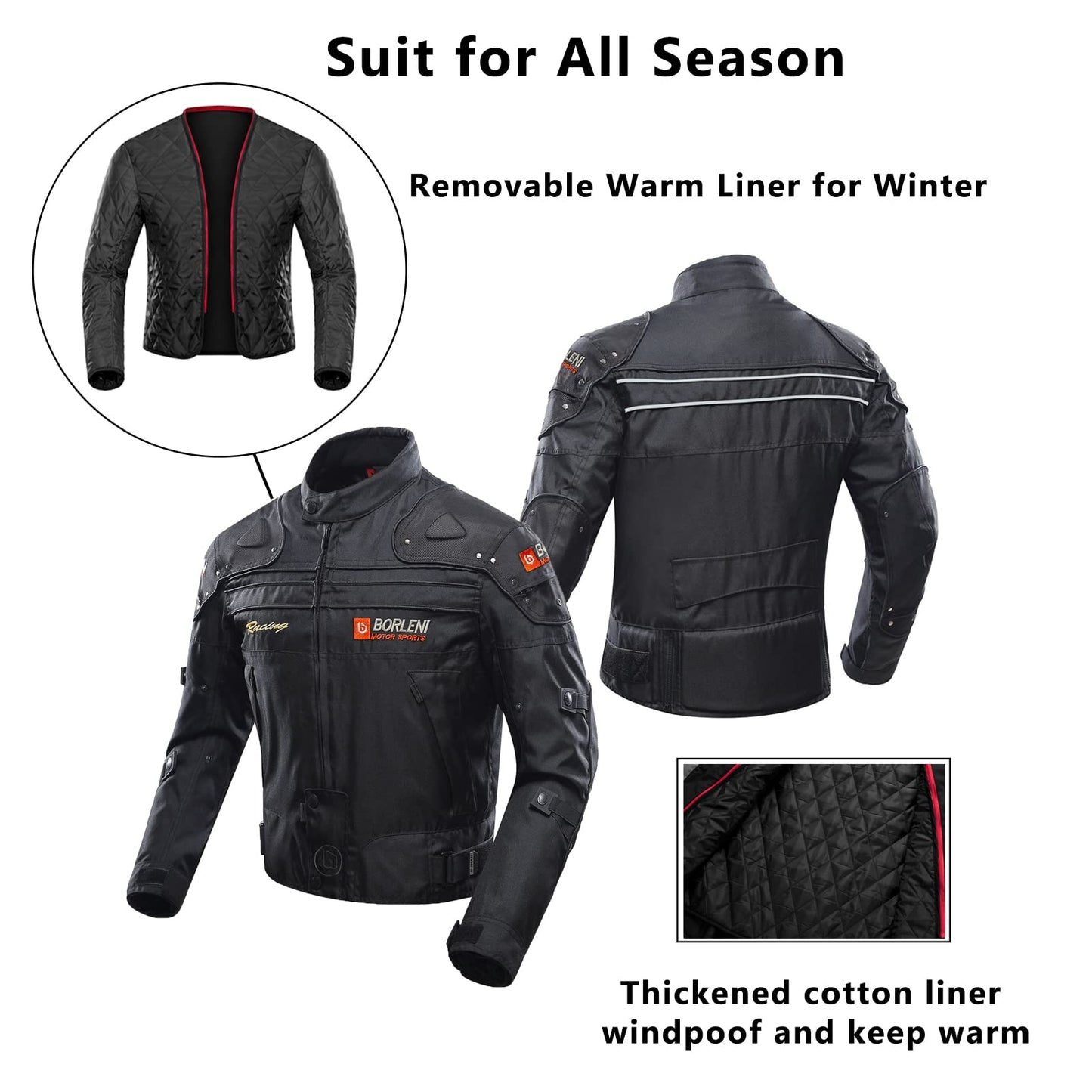 BORLENI Motorcycle Jacket Motorbike Riding Jacket Windproof Motorcycle Full Body Protective Gear Armor