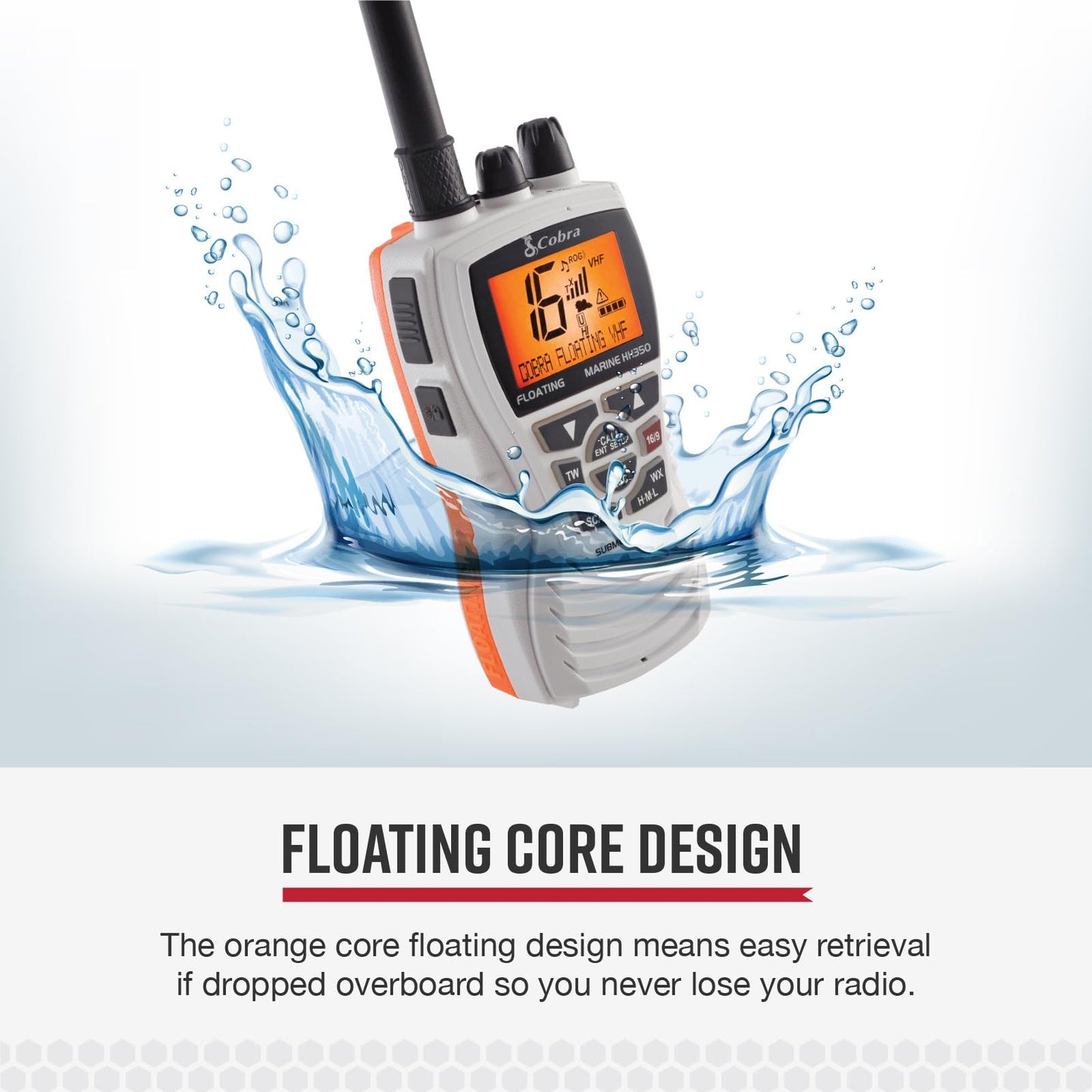 Cobra MR HH350 FLT Handheld Floating VHF Radio - 6 Watt, Submersible, Noise Cancelling Mic, Backlit LCD Display, NOAA Weather, and Memory Scan, Grey