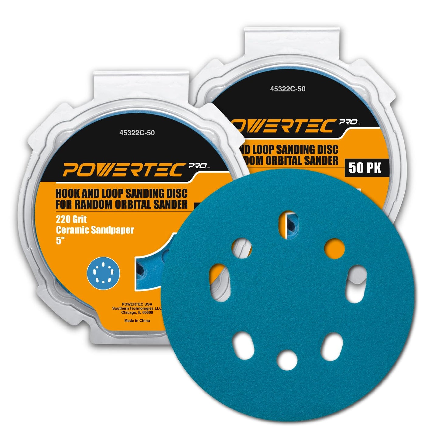 POWERTEC 50 PCS 220 Grit - 5 Inch 8 Hole Hook and Loop Sanding Discs, 5" Sanding Pads for Automotive, Drywall, Woodworking with Orbital Sander, Air, and DA Sander (44022G-50)
