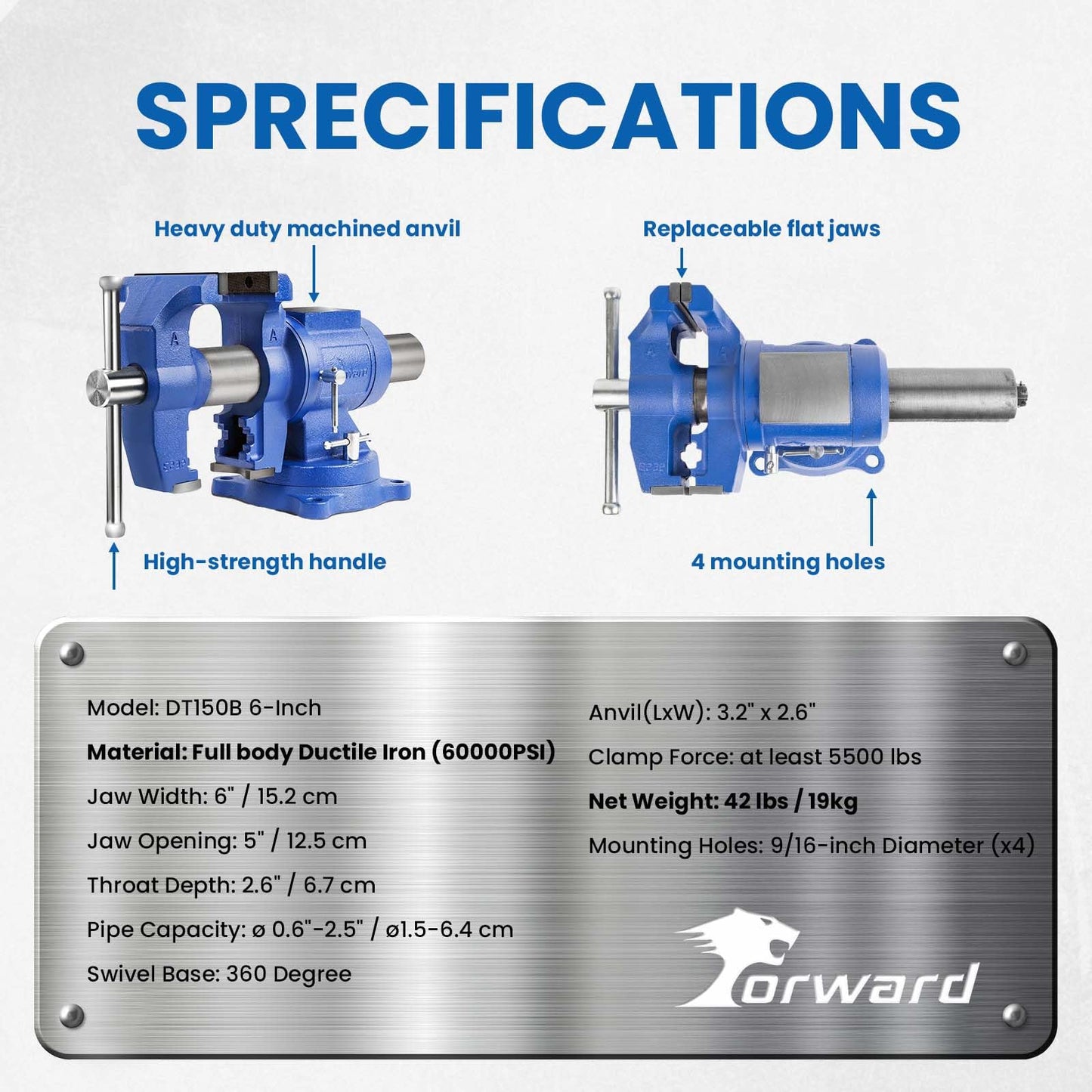 Forward DT08125A 5-Inch Heavy Duty Bench Vise 360-Degree Swivel Base and Head with Anvil (5", Ductile Iron)