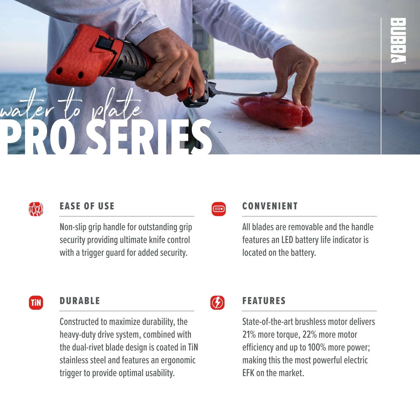 Bubba Pro Series Lithium-Ion Electric Fillet Knife with Non-Slip Grip Handle, 4 Ti-Nitride S.S. Coated Non-Stick Reciprocating Blades, Charger and Case for Fishing