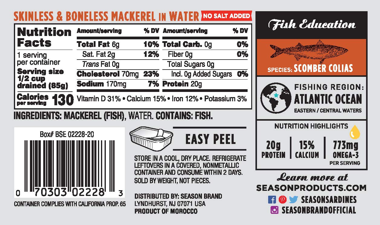 Season Mackerel in Water - Skinless & Boneless, No Salt Added, Wild Caught, Keto Snacks, Canned Mackerel Fillets, Full of Vitamins, Low in Mercury, Kosher, Non-GMO, 20g of Protein - 4.37 Oz, 12-Pack
