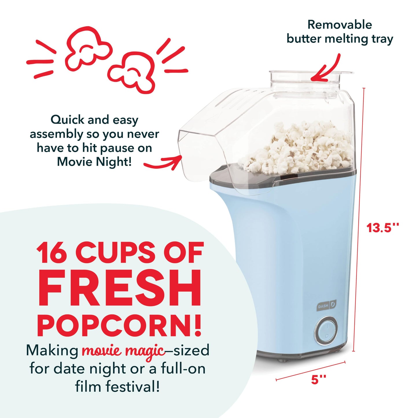 DASH Hot Air Popcorn Popper Maker with Measuring Cup to Portion Popping Corn Kernels + Melt Butter, 16 Cups - Red
