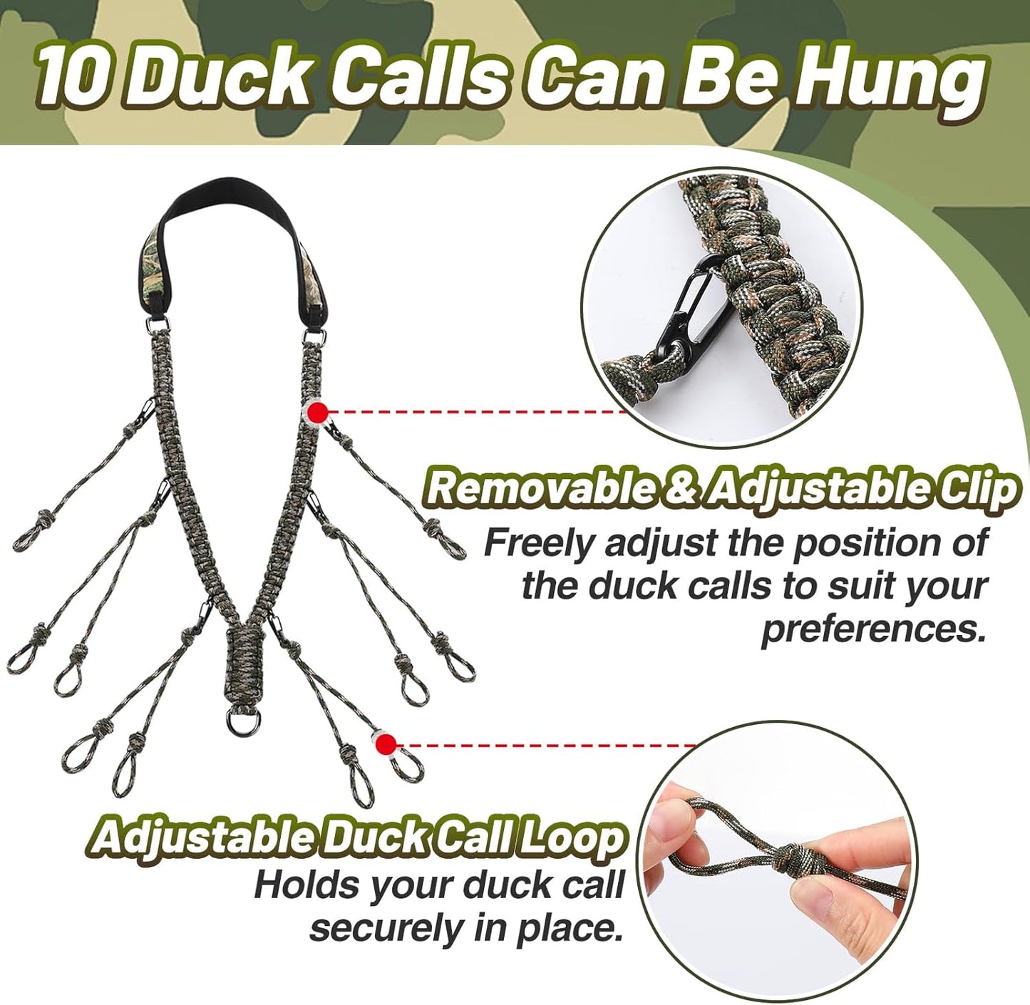 PAMASE Duck Call Lanyard - Duck Whistle Hunting Accessories with 10 Removable Loops, Camo Woven Goose Call Carry, Christmas Outdoor Predator Gear Gifts for Hunter - Without Duck Call