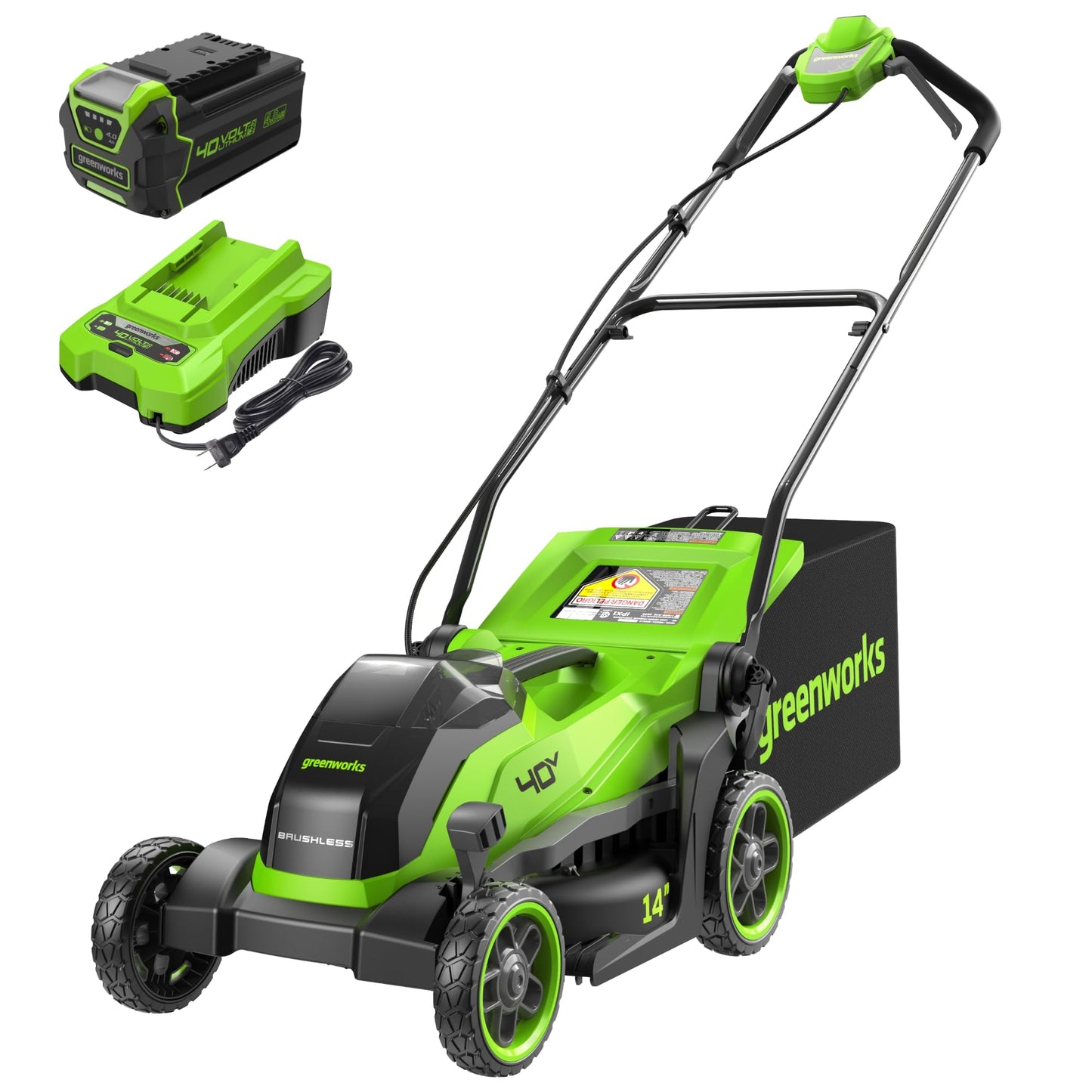 Greenworks 40V 14” Brushless (Push) Cordless Lawn Mower, 4.0Ah Battery and Charger