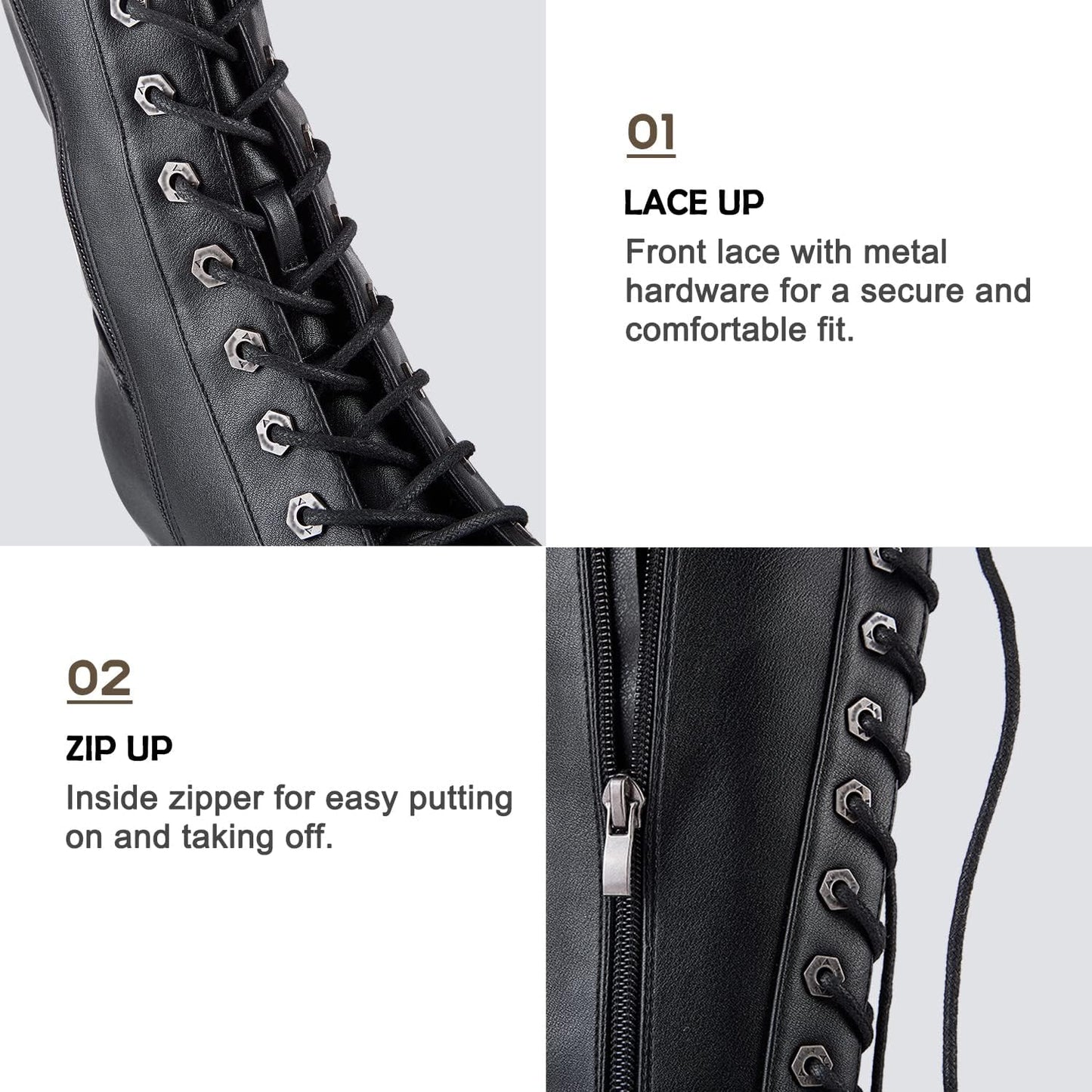 Dream Apparel Women's Faux Leather Lace Up Knee High Boots, Black Motorcycle Riding Boots with Chunky Heel, Sexy Biker Boots with Side Zipper