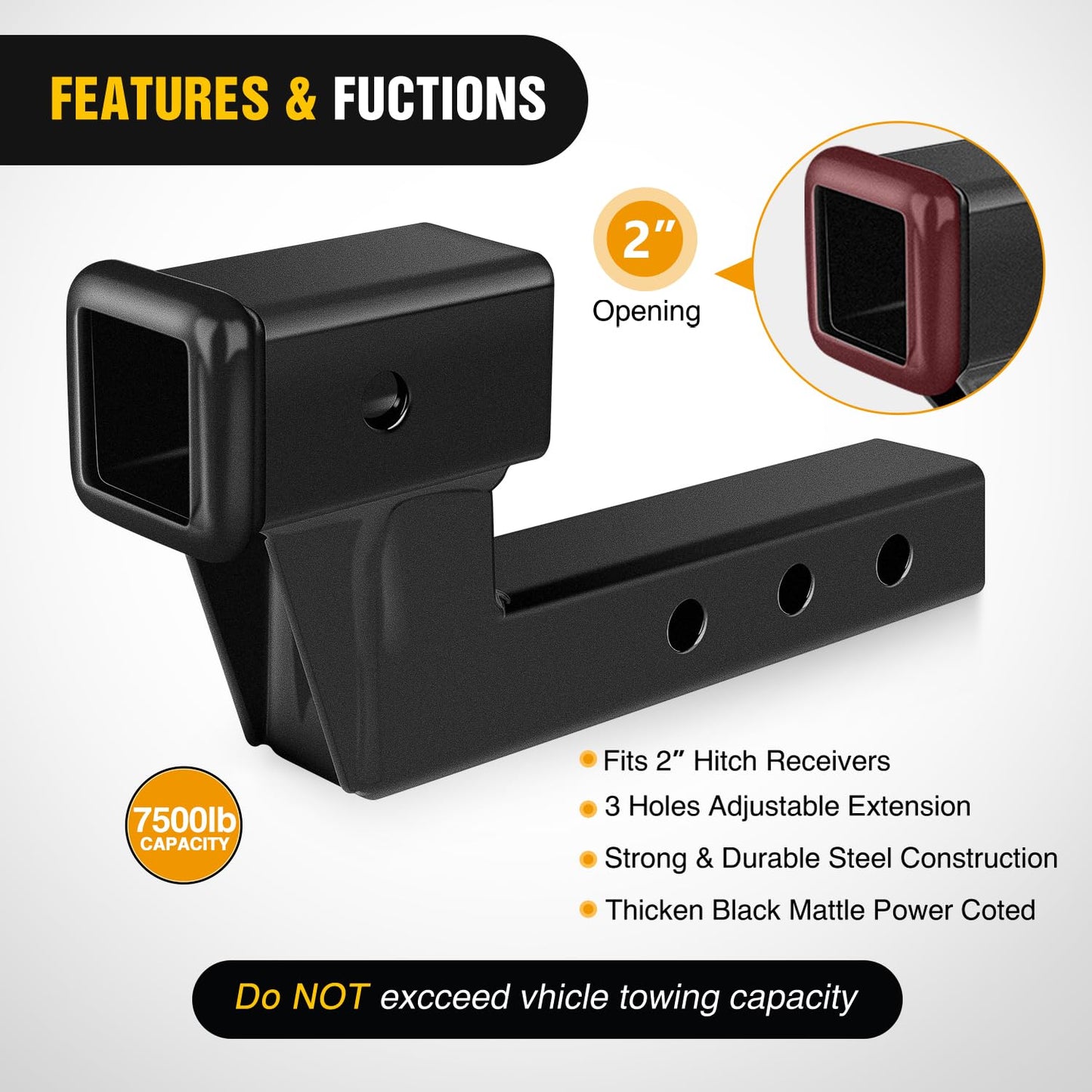 Nilight Trailer Hitch Receiver Extender Adapter Reducer 1-1/4 to 2Inch Hitch Adapter 6-1/2 inch Extension Sleeve Convertor 350Lbs with 1/2-Inch Diameter Pin and Clip with 5/8-Inch Adapter