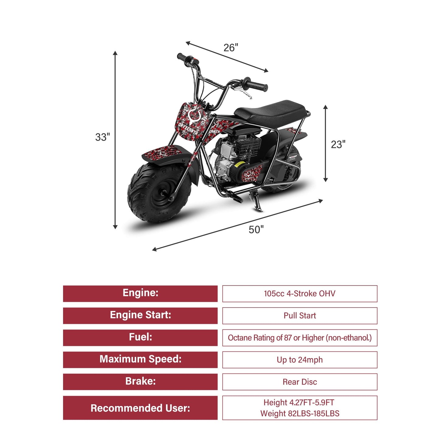 Oryxearth Mini Dirt Bike for Kids, 105CC 4-Stroke Kid Gas Powered Off-Road Pocket Pit Trail Motorcycle W/EPA Approved, Up to 24 Mph Weight Support 185 LBS