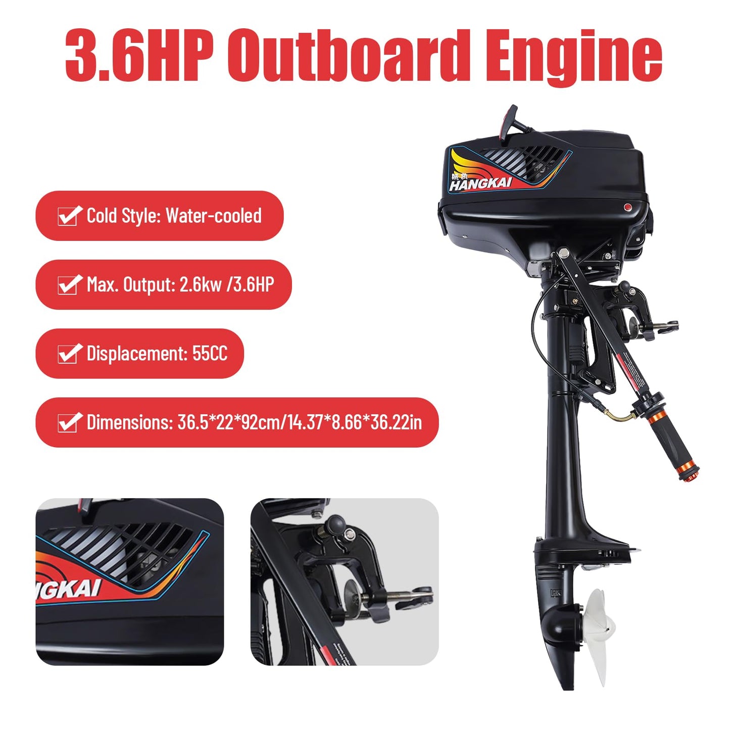 Outboard Motor Boat Engine, 2 Stroke Heavy Duty Fishing Boat Engine 3.5HP Gas Trolling Motor with Water Cooling CDI System for Rubber Boats, Inflatable Boats, Sailboats