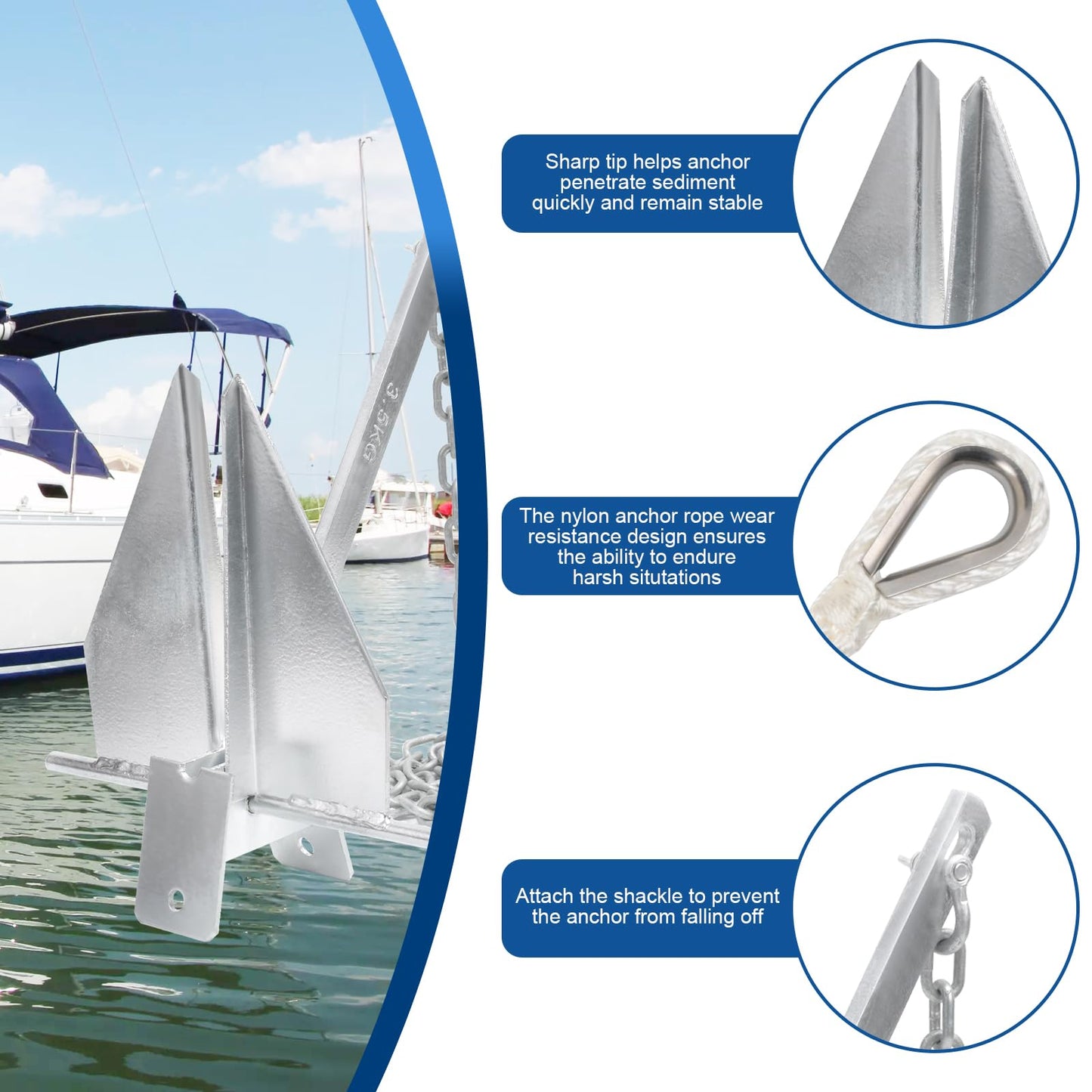 Leero Heavy Duty Boat Anchor Kit with Anchor Chain, Shackle and Anchor Rope, 5/8/10 lb Portable Danforth Anchor, Boat Anchor for Pontoons, Fishing Boats, Bass Boats, Sport Boats, Sport Yachts