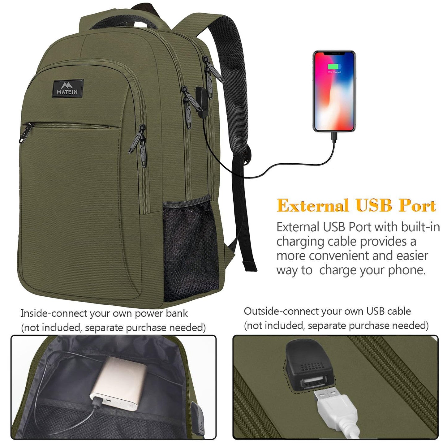 MATEIN Travel Laptop Backpack, Business Anti Theft Slim Sturdy Laptops Backpack with USB Charging Port, Water Resistant College School Computer Bag Gift for Men & Women Fits 15.6 Inch Notebook, Grey
