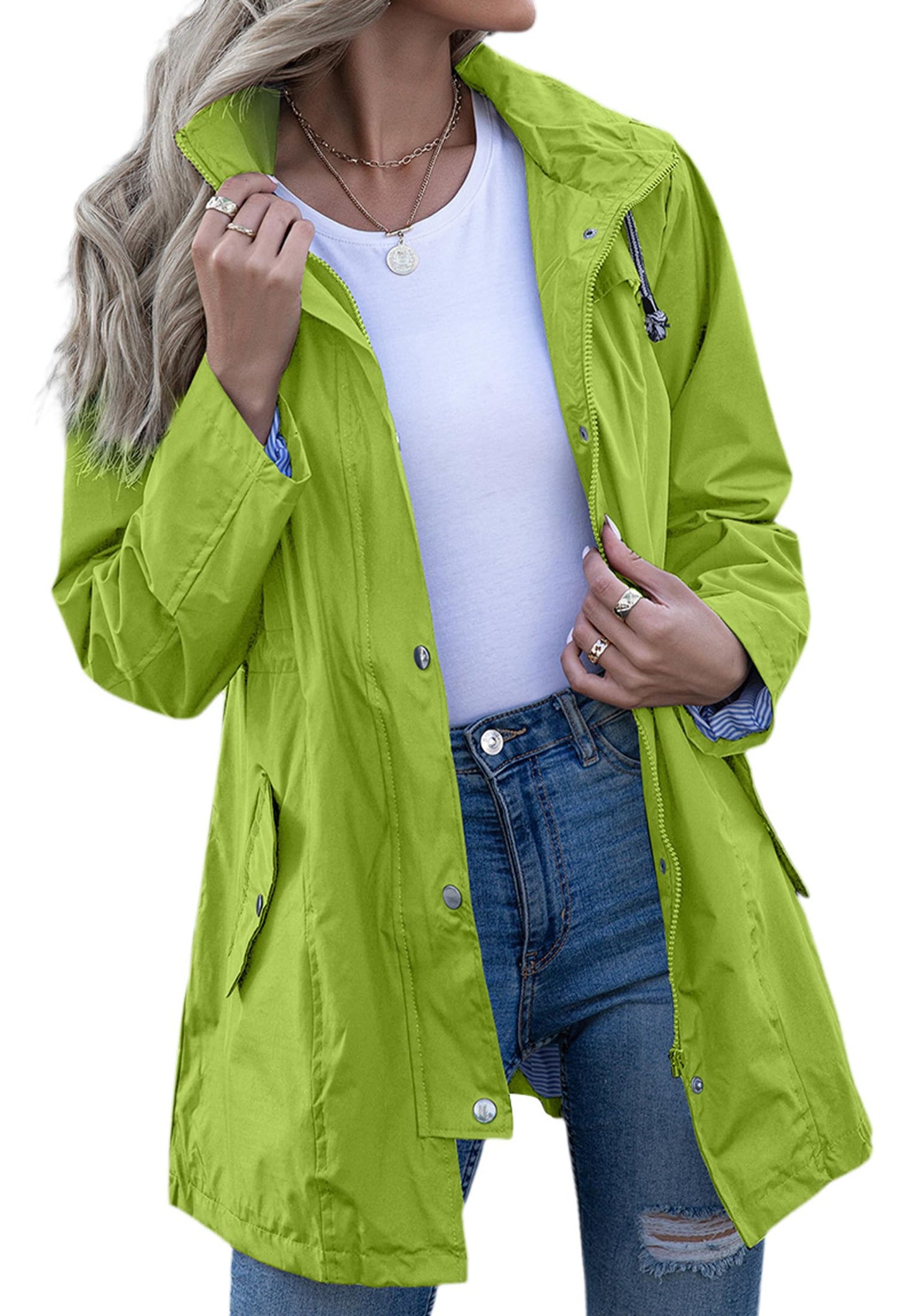Rain Jacket Women Striped Lined Hooded Lightweight Raincoat Outdoor Waterproof Windbreaker