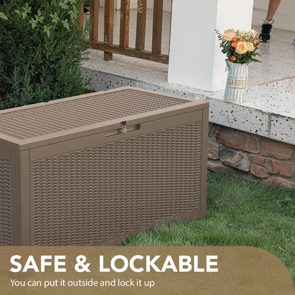 Devoko 100 Gallon Waterproof Large Resin Deck Box Indoor Outdoor Lockable Storage Container for Patio Furniture Cushions Garden Tools (100 Gallon, Black)