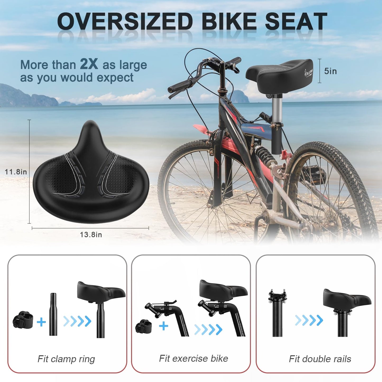 BLUEWIND Oversized Bike Seat, Wide Bicycle Saddle Novel Backrest Design for Electric Bike, Universal Fit Exercise Bike or Road Stationary Bike Seat Cushion for Men & Women