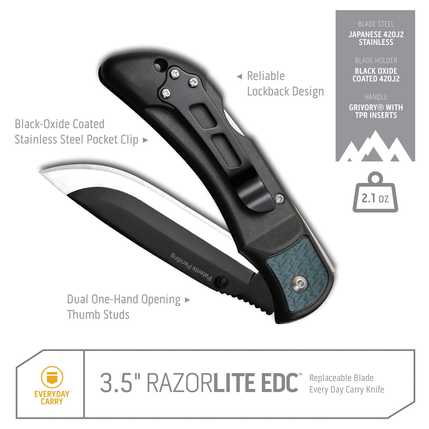 OUTDOOR EDGE 3.5" RazorLite EDC Knife. Pocket Knife with Replaceable Blades and Clip. Perfect For Hunting and Skinning Deer. Gray with 6 Blades