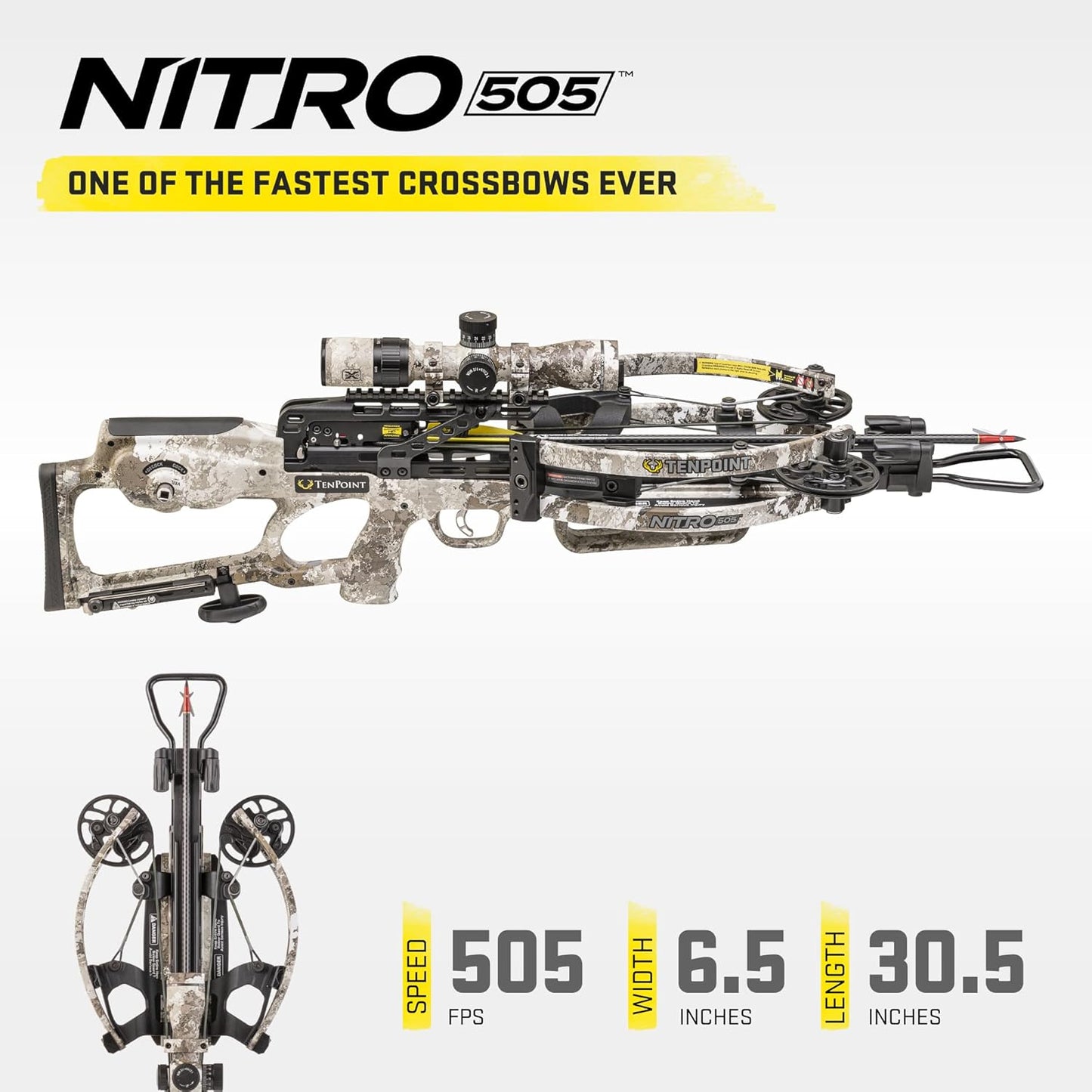TenPoint Nitro 505 Crossbow, Veil Alpine - 505 FPS - Equipped with 100-Yard EVO-X Marksman Elite Scope, Scope Struts + ACUslide Cocking & De-Cocking System - Reverse-Draw Design