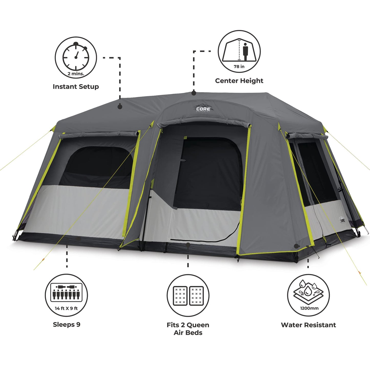 CORE Instant Cabin Tents | 6 Person / 9 Person / 10 Person / 12 Person Family Cabin Multi Room Pop Up Tents Car Camping | Included Storage Pockets for Camping Accessories