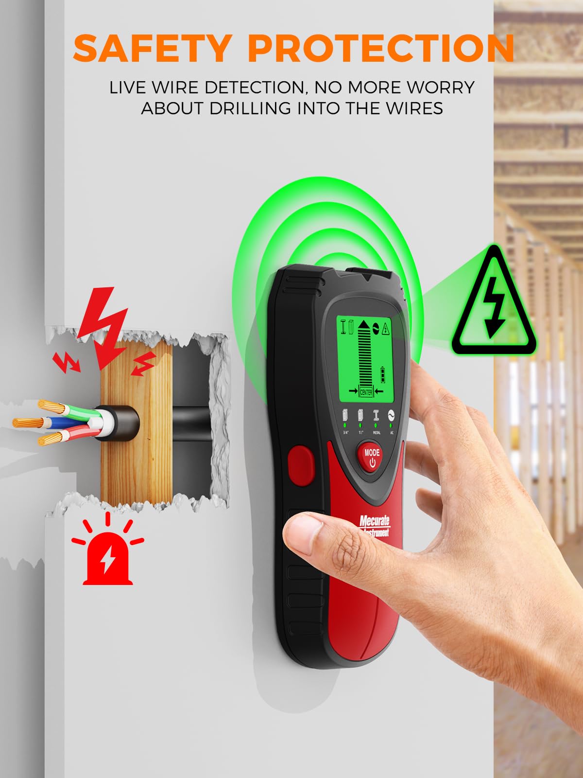 Mecurate Stud Finder Wall Scanner Sensor - 5 in 1 Electronic Stud with LCD Display & Audio Alarm for Wood AC Live Wire Metal Studs Detection Joist Pipe