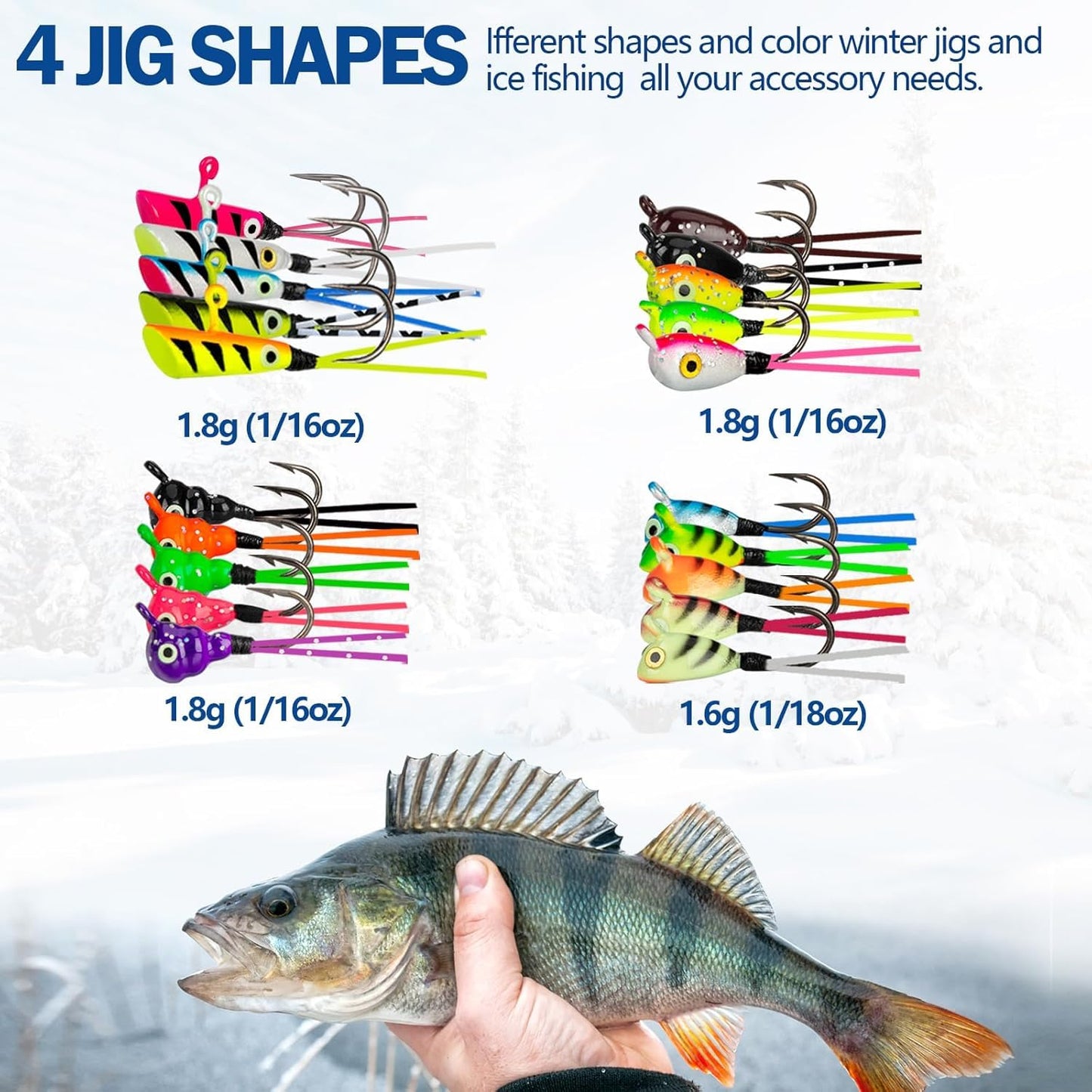 THKFISH Ice Fishing Jigs Kit, Jigs Heads for Ice Fishing Gear, Ice Fishing Lures for Panfish, Crappie, Walleye, Perch, Trout and Bluegill 18/40/70pcs
