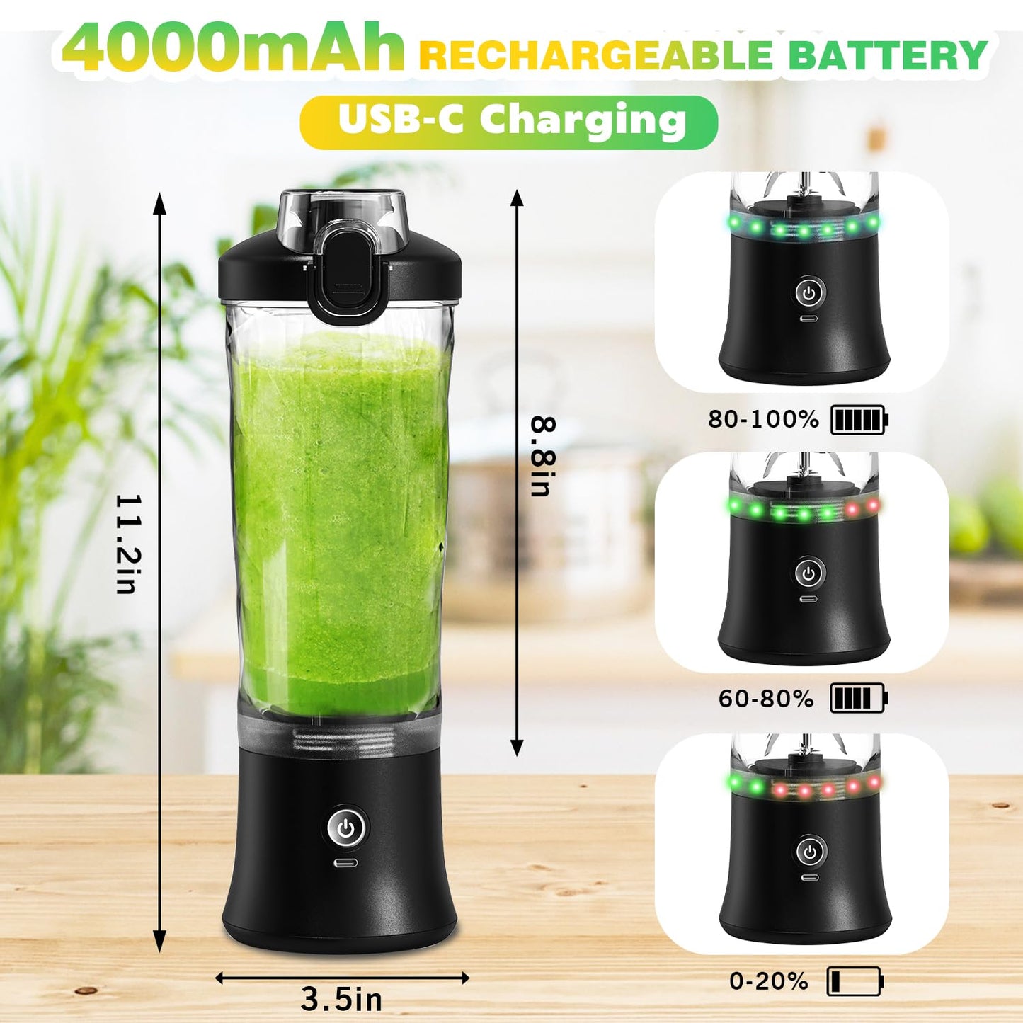 Portable Blender with Insulated Carrying Case & Recipe Book for Shakes and Smoothies, 24 OZ Personal Juicer Electric Protein Shaker Bottle, Mini Small Blender Cup with USB-C Rechargeable, Travel Lid