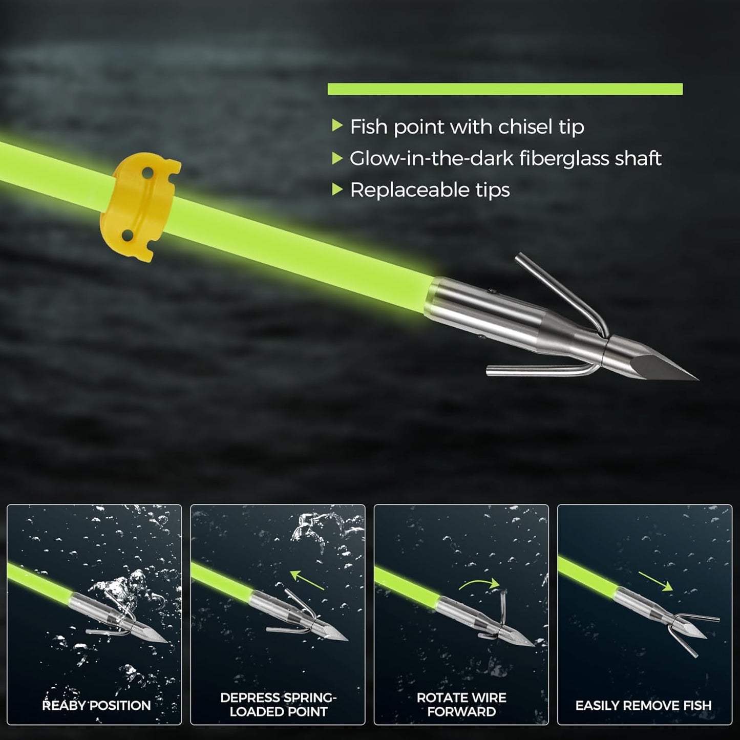 6 Pack 32 inch Bowfishing Arrows with Broadheads and Safty Slides Bow Fishing Arrow Luminous for Compound Bow Recurve Bow Fishing Hunting