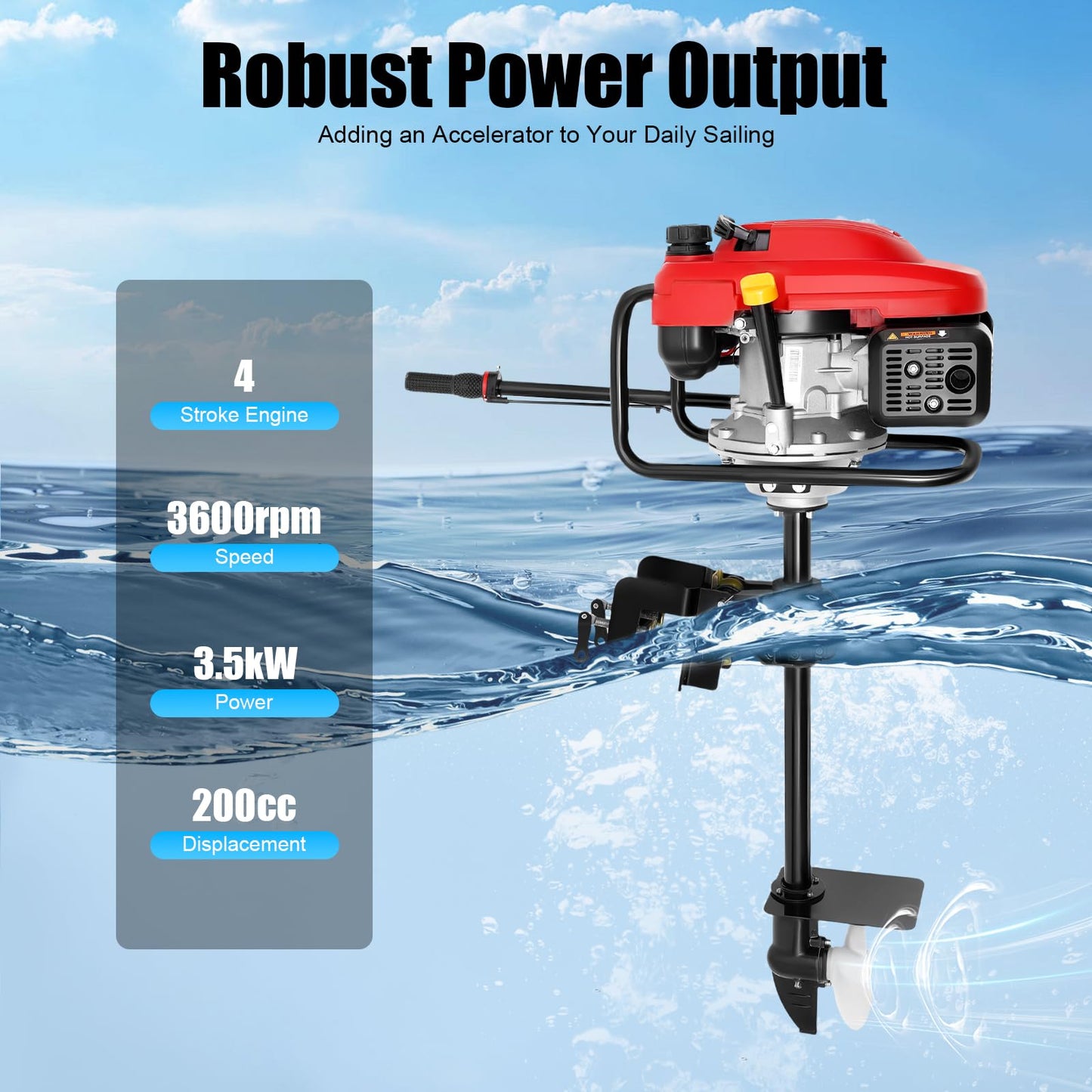 DAERNA 4 Stroke 7.5 HP Outboard Motor, Heavy Duty Fishing Boat Motor with Air Cooling System, 200cc Single Cylinder Gas Boat Engine