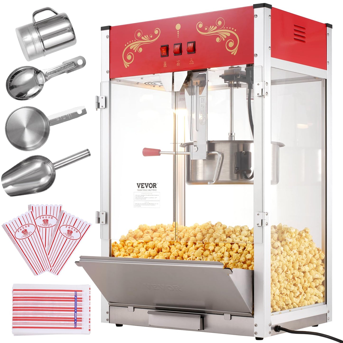 VEVOR Commercial Popcorn Machine, 8 Oz Kettle, 850 W Countertop Popcorn Maker for 48 Cups per Batch, Theater Style Popper with 3-Switch Control Steel Frame Tempered Glass Doors 2 Scoops 2 Spoons, Red
