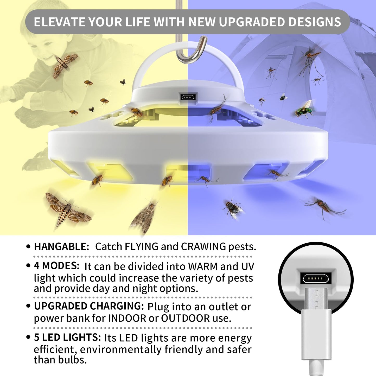 2 Packs Flea Traps for Inside Your Home with 6 Sticky Pads, Flea Light Traps Kills Fleas in House, Hanging Flea Lamp with USB Cable Pest Control for Bugs Moths Gnats Indoor and Outdoor