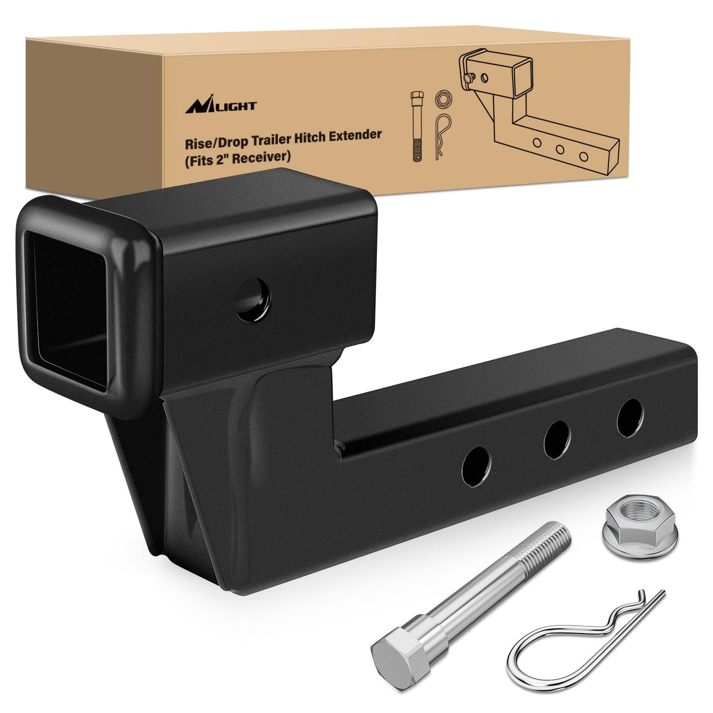 Nilight Trailer Hitch Receiver Extender Adapter Reducer 1-1/4 to 2Inch Hitch Adapter 6-1/2 inch Extension Sleeve Convertor 350Lbs with 1/2-Inch Diameter Pin and Clip with 5/8-Inch Adapter
