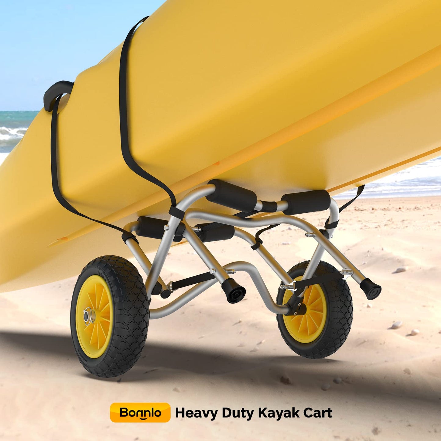 Bonnlo Kayak Cart Canoe Dolly Fishing Kayak Accessories Carrier Foldable Paddle Board Trolley Boat Trailer Transport with NO-Flat Airless Tires Wheels and 2 Ratchet Straps