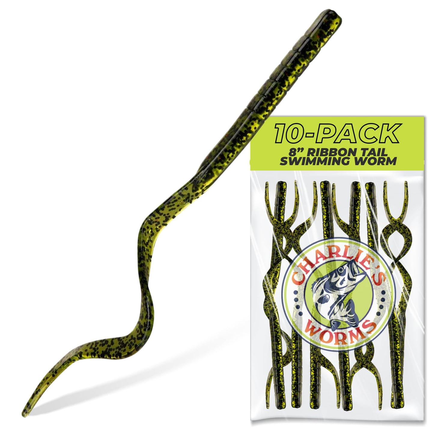 Charlie's Worms Artificial Fishing Bait 8" Ribbon Tail Swimming Worm, Freshwater Saltwater Bass Soft Lures Scented 10pk