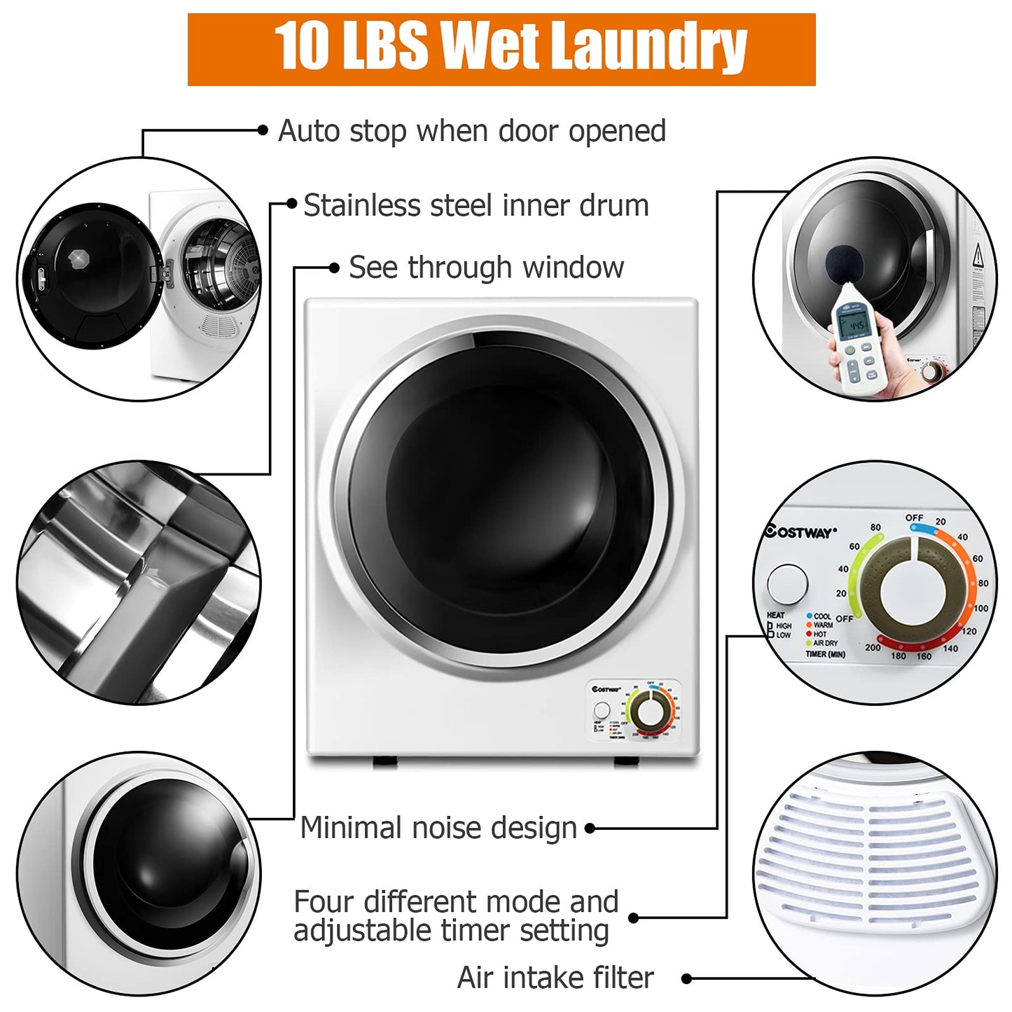 COSTWAY GYJ25-78 110V Electric Portable Clothes Stainless Steel Tub Laundry Dryer, for 4 Automatic Drying Mode, White