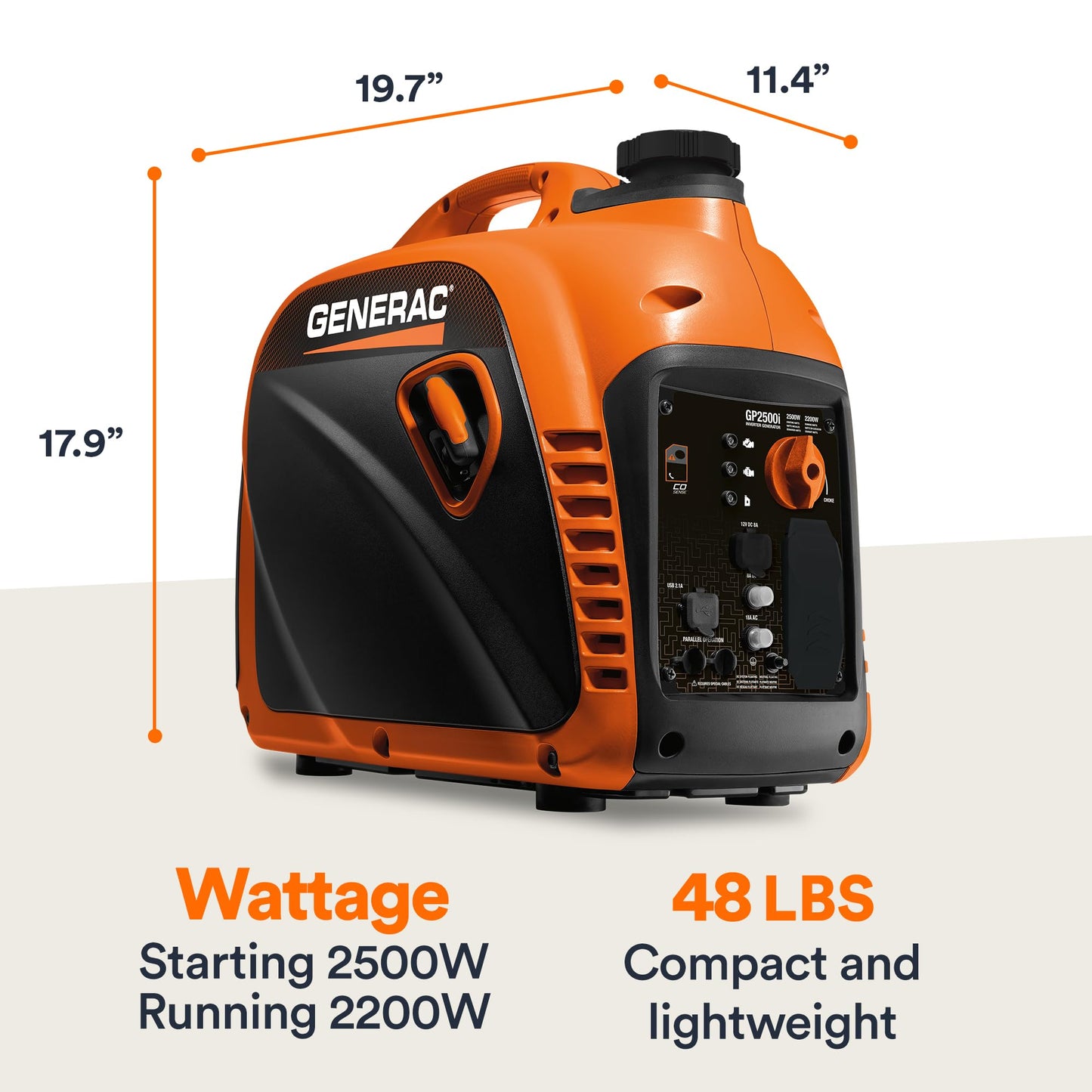 Generac 3,300-Watt Gas-Powered Portable Inverter Generator - Lightweight Design - USB Ports for Mobile Device Charging - COsense Technology - Perfect for Home use - Orange/Black