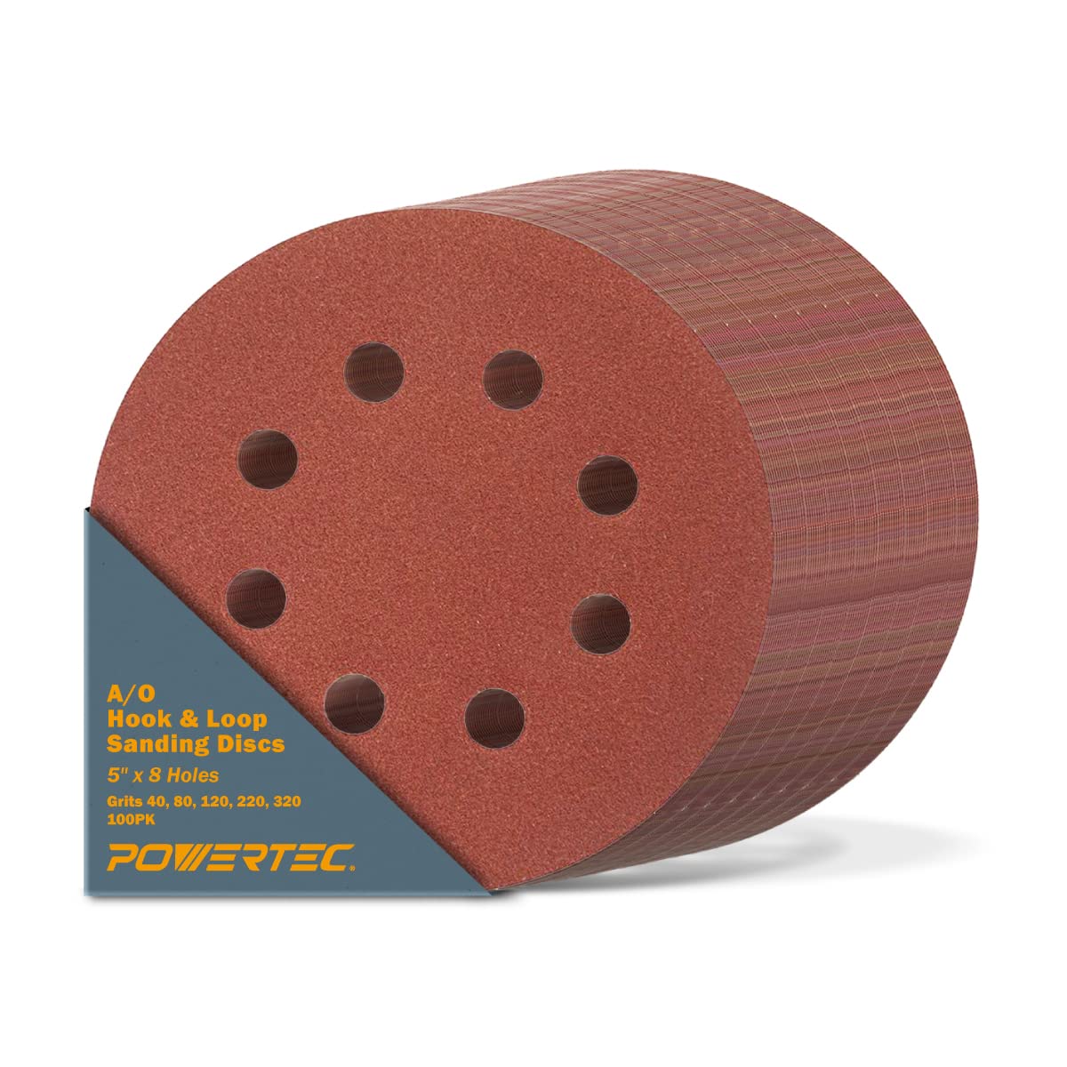 POWERTEC 100PK, 40/80/120/220/320 Grits, 5 Inch 8 Hole Hook and Loop Sanding Discs, Aluminum Oxide Sandpaper Discs, Woodworking Sanding Pads for Random Orbital, Palm, Air & Pneumatic Sander (45000)