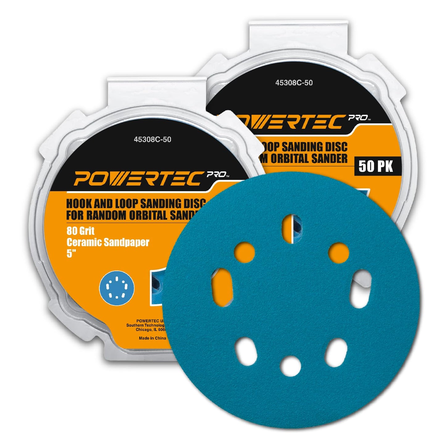 POWERTEC 50 PCS 220 Grit - 5 Inch 8 Hole Hook and Loop Sanding Discs, 5" Sanding Pads for Automotive, Drywall, Woodworking with Orbital Sander, Air, and DA Sander (44022G-50)