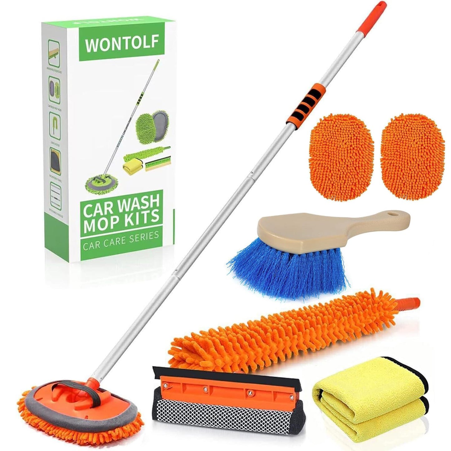 62'' Car Wash Brush with Long Handle Chenille Microfiber Car Wash Mop Mitt Car Cleaning Kit Windshield Window Squeegee Car Duster Microfiber Towels Wheel Tire Brush for Cars RV Truck Boat