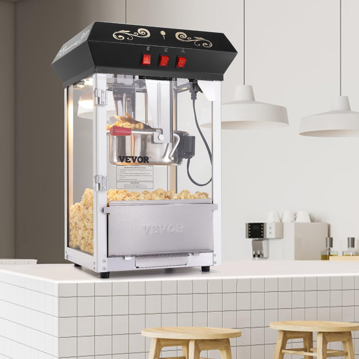 VEVOR Commercial Popcorn Machine, 8 Oz Kettle, 850 W Countertop Popcorn Maker for 48 Cups per Batch, Theater Style Popper with 3-Switch Control Steel Frame Tempered Glass Doors 2 Scoops 2 Spoons, Red