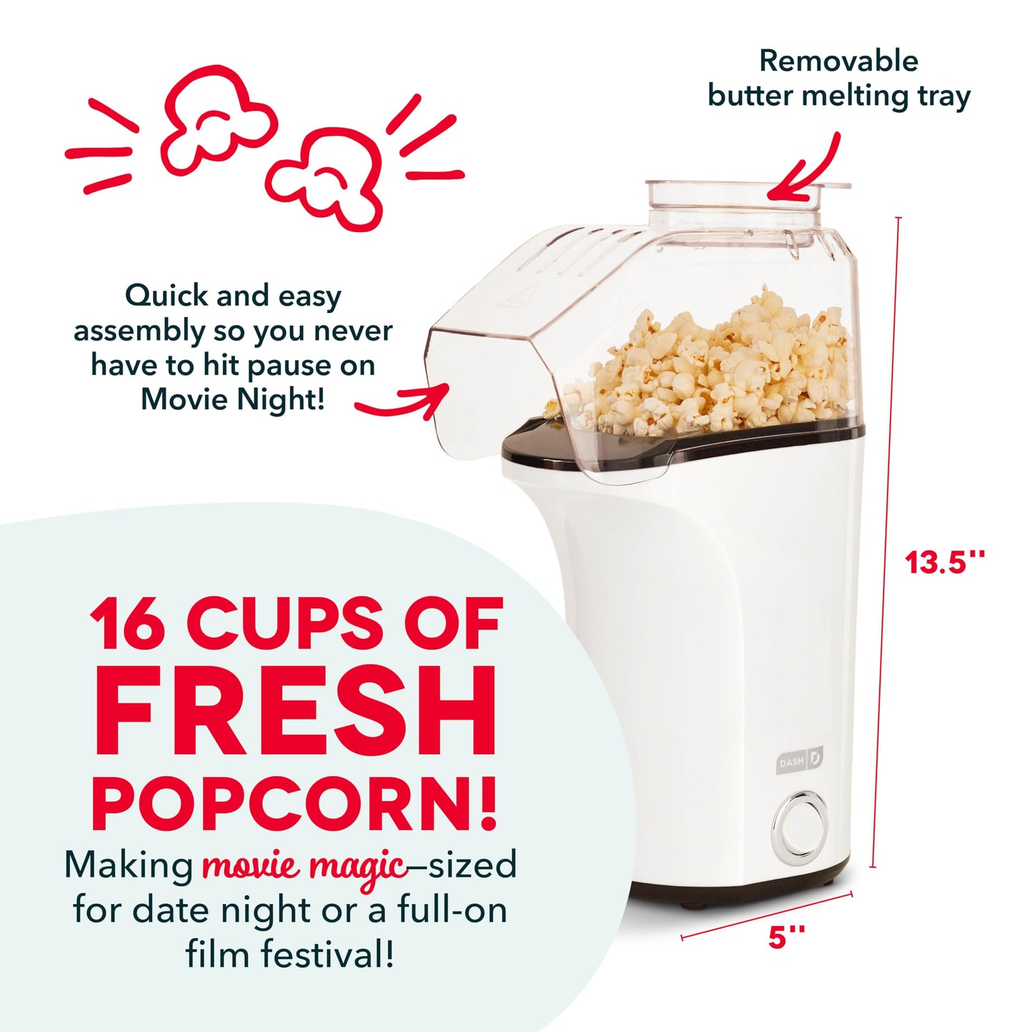 DASH Hot Air Popcorn Popper Maker with Measuring Cup to Portion Popping Corn Kernels + Melt Butter, 16 Cups - Red